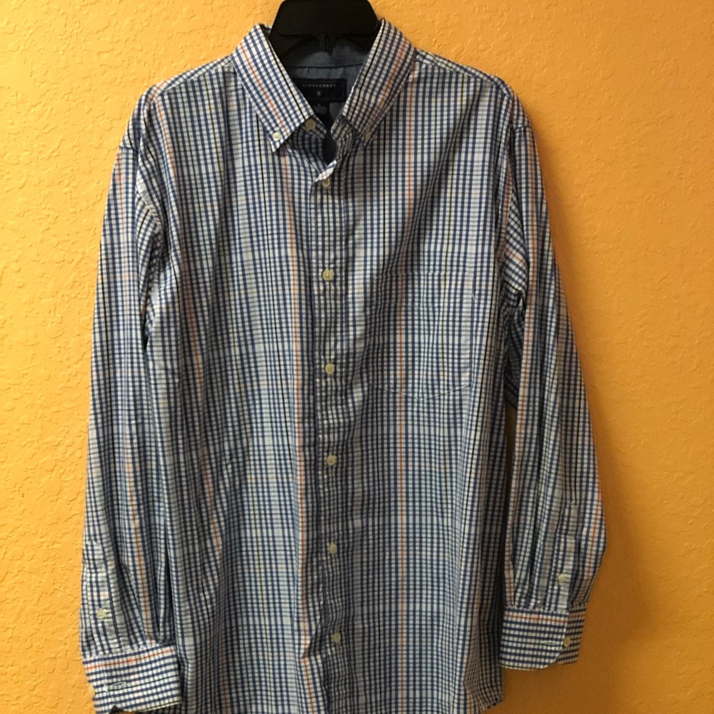 Multicolored checkered button down shirt.